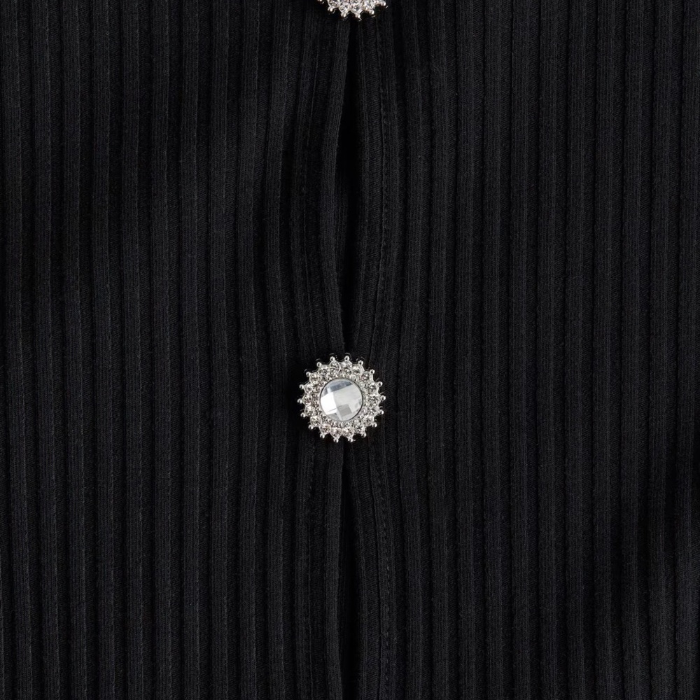 New Stylish Black Ribbed Button-Up Top - Picture 3 of 4